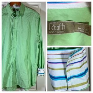 Raffi Linea Uomo Mens Large Lime Green Cotton Button Down Shirt Striped Trim L